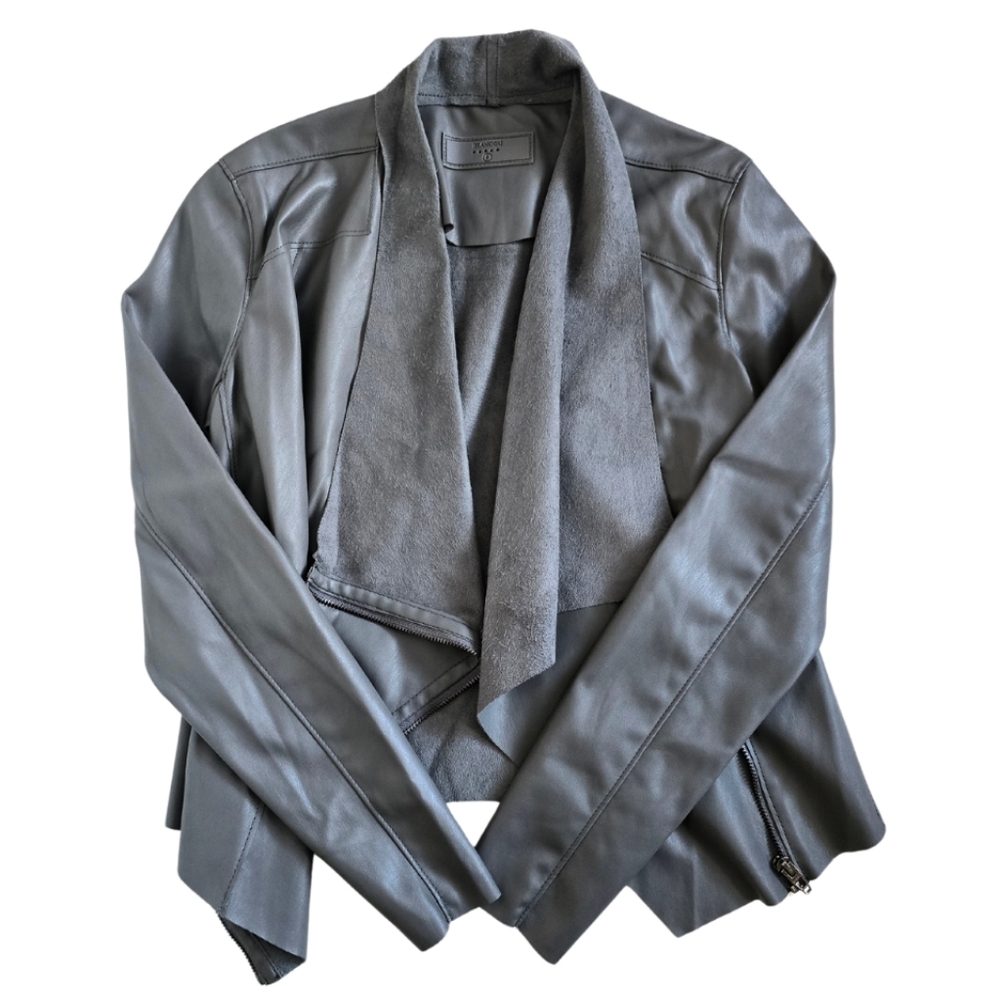 Blank NYC Jacket Womens Small Grey Faux Leather Vegan Raw Edge Moto Chic Draped